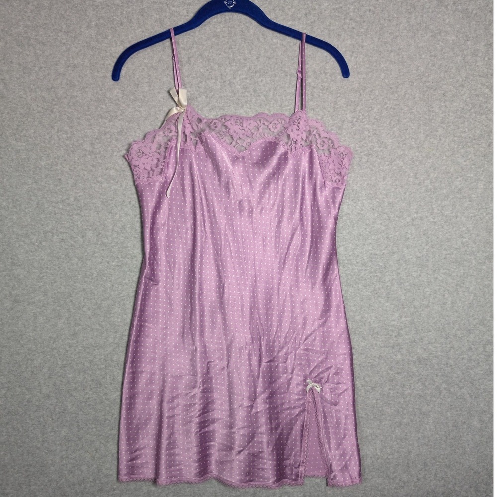 Victorias Secret Angels Purple Polka Dot‎ Lace Trim Satin Slip Chemise Small